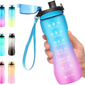 Trinkflasche Motivations-Wasserflasche 750ml mit Zeitmarkierung für Sport & Fitness, BPA-frei, auslaufsicher (Blau Viole
