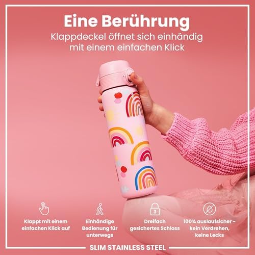 ion8 Leichte 600 ml Stahl-Trinkflasche - Auslaufsicher mit Einhandöffnung für Unterwegs, spülmaschinenfest und praktisch