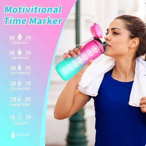 Trinkflasche Motivations-Wasserflasche 750ml mit Zeitmarkierung für Sport & Fitness, BPA-frei, auslaufsicher (Blau Viole