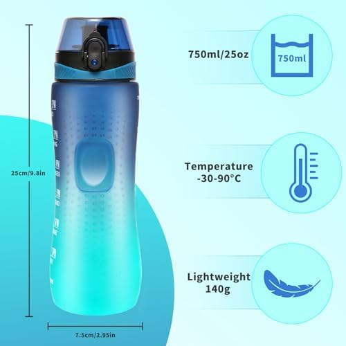 Trinkflasche Motivations-Wasserflasche 750ml mit Zeitmarkierung für Sport & Fitness, BPA-frei, auslaufsicher (Blau Viole