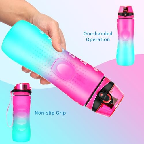 Trinkflasche Motivations-Wasserflasche 750ml mit Zeitmarkierung für Sport & Fitness, BPA-frei, auslaufsicher (Blau Viole