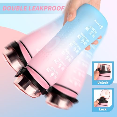 Trinkflasche Motivations-Wasserflasche 750ml mit Zeitmarkierung für Sport & Fitness, BPA-frei, auslaufsicher (Blau Viole