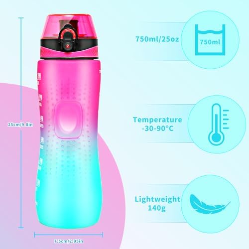 Trinkflasche Motivations-Wasserflasche 750ml mit Zeitmarkierung für Sport & Fitness, BPA-frei, auslaufsicher (Blau Viole