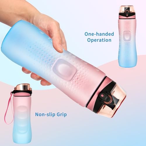 Trinkflasche Motivations-Wasserflasche 750ml mit Zeitmarkierung für Sport & Fitness, BPA-frei, auslaufsicher (Blau Viole