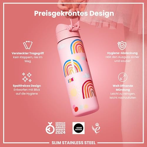 ion8 Leichte 600 ml Stahl-Trinkflasche - Auslaufsicher mit Einhandöffnung für Unterwegs, spülmaschinenfest und praktisch