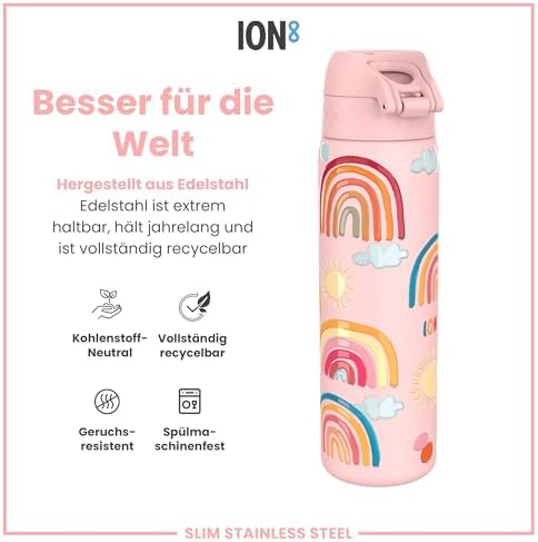 ion8 Leichte 600 ml Stahl-Trinkflasche - Auslaufsicher mit Einhandöffnung für Unterwegs, spülmaschinenfest und praktisch