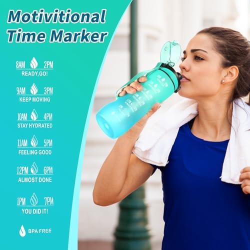 Trinkflasche Motivations-Wasserflasche 750ml mit Zeitmarkierung für Sport & Fitness, BPA-frei, auslaufsicher (Blau Viole