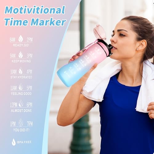 Trinkflasche Motivations-Wasserflasche 750ml mit Zeitmarkierung für Sport & Fitness, BPA-frei, auslaufsicher (Blau Viole