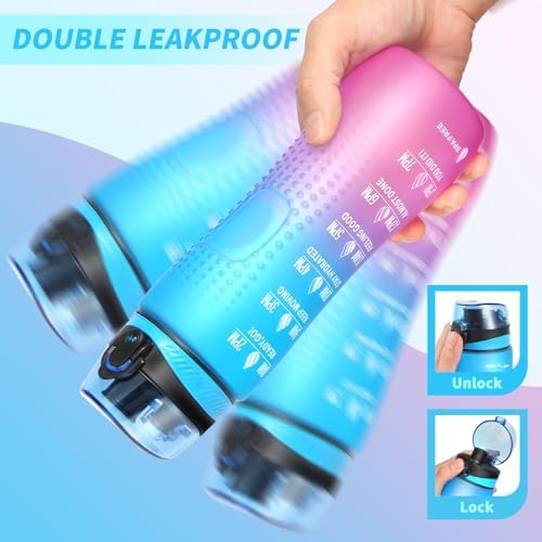 Trinkflasche Motivations-Wasserflasche 750ml mit Zeitmarkierung für Sport & Fitness, BPA-frei, auslaufsicher (Blau Viole