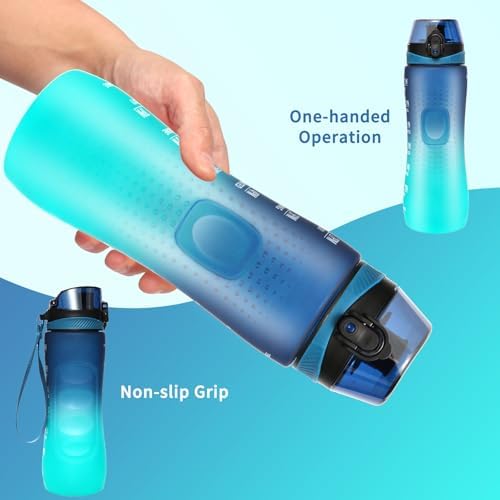 Trinkflasche Motivations-Wasserflasche 750ml mit Zeitmarkierung für Sport & Fitness, BPA-frei, auslaufsicher (Blau Viole