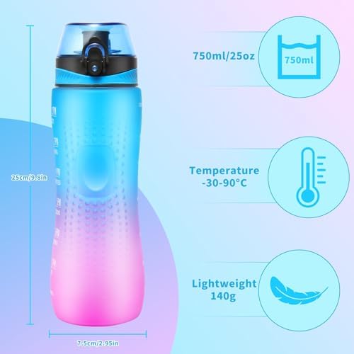 Trinkflasche Motivations-Wasserflasche 750ml mit Zeitmarkierung für Sport & Fitness, BPA-frei, auslaufsicher (Blau Viole