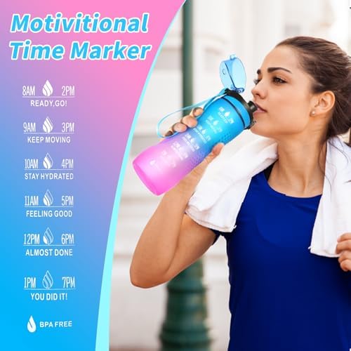 Trinkflasche Motivations-Wasserflasche 750ml mit Zeitmarkierung für Sport & Fitness, BPA-frei, auslaufsicher (Blau Viole