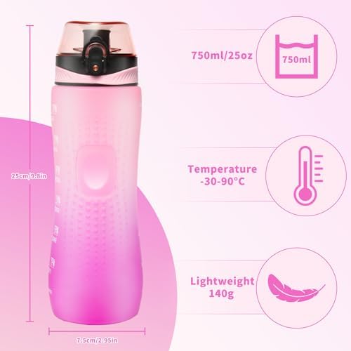 Trinkflasche Motivations-Wasserflasche 750ml mit Zeitmarkierung für Sport & Fitness, BPA-frei, auslaufsicher (Blau Viole