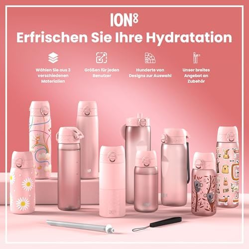 ion8 Leichte 600 ml Stahl-Trinkflasche - Auslaufsicher mit Einhandöffnung für Unterwegs, spülmaschinenfest und praktisch