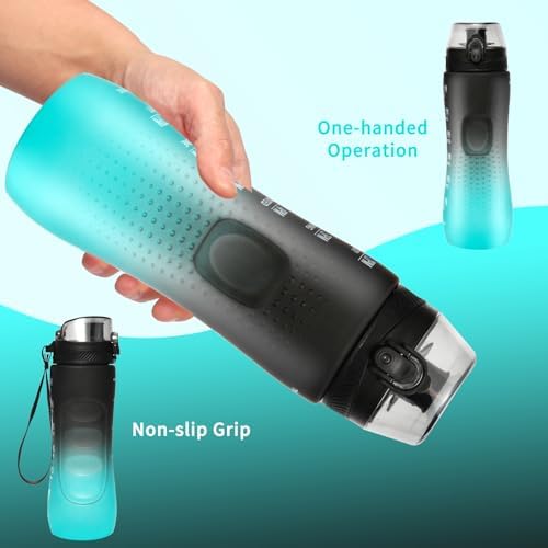 Trinkflasche Motivations-Wasserflasche 750ml mit Zeitmarkierung für Sport & Fitness, BPA-frei, auslaufsicher (Blau Viole