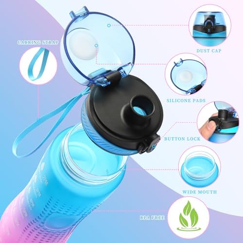 Trinkflasche Motivations-Wasserflasche 750ml mit Zeitmarkierung für Sport & Fitness, BPA-frei, auslaufsicher (Blau Viole