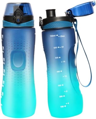 Trinkflasche Motivations-Wasserflasche 750ml mit Zeitmarkierung für Sport & Fitness, BPA-frei, auslaufsicher (Blau Viole