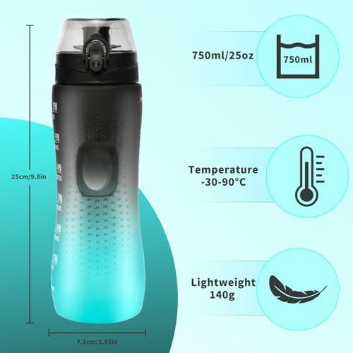 Trinkflasche Motivations-Wasserflasche 750ml mit Zeitmarkierung für Sport & Fitness, BPA-frei, auslaufsicher (Blau Viole