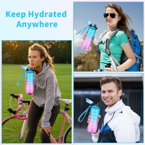 Trinkflasche Motivations-Wasserflasche 750ml mit Zeitmarkierung für Sport & Fitness, BPA-frei, auslaufsicher (Blau Viole